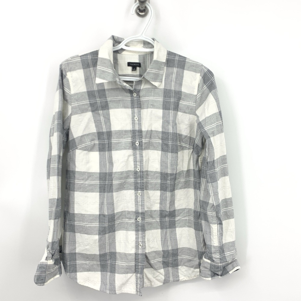 Talbots Women Size‎ Small Shirt Gray White Flannel Plaid Button Down Top